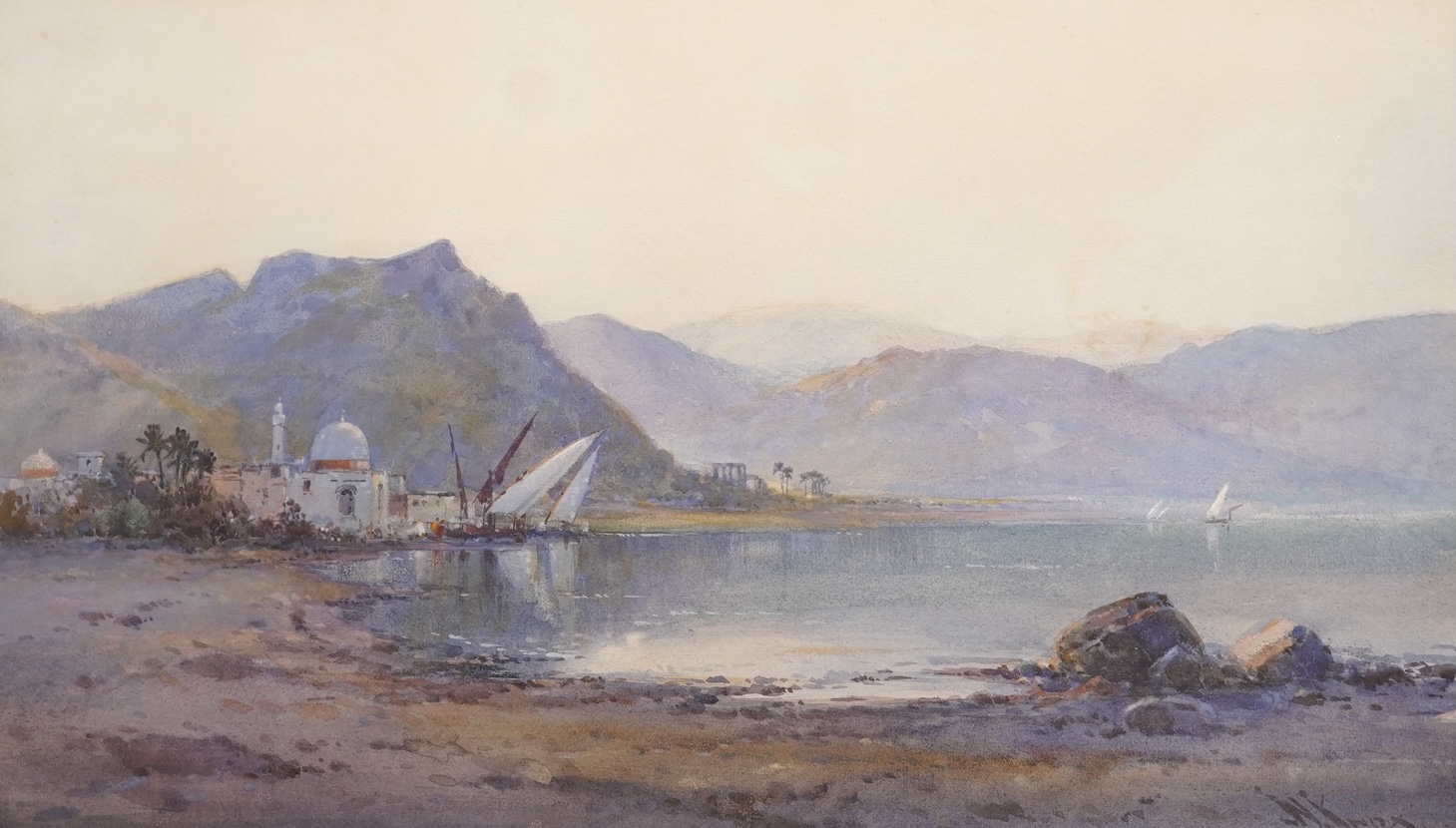 William Knox (1862-1925), Mosque on the coast, signed, watercolour, 28 x 48cm